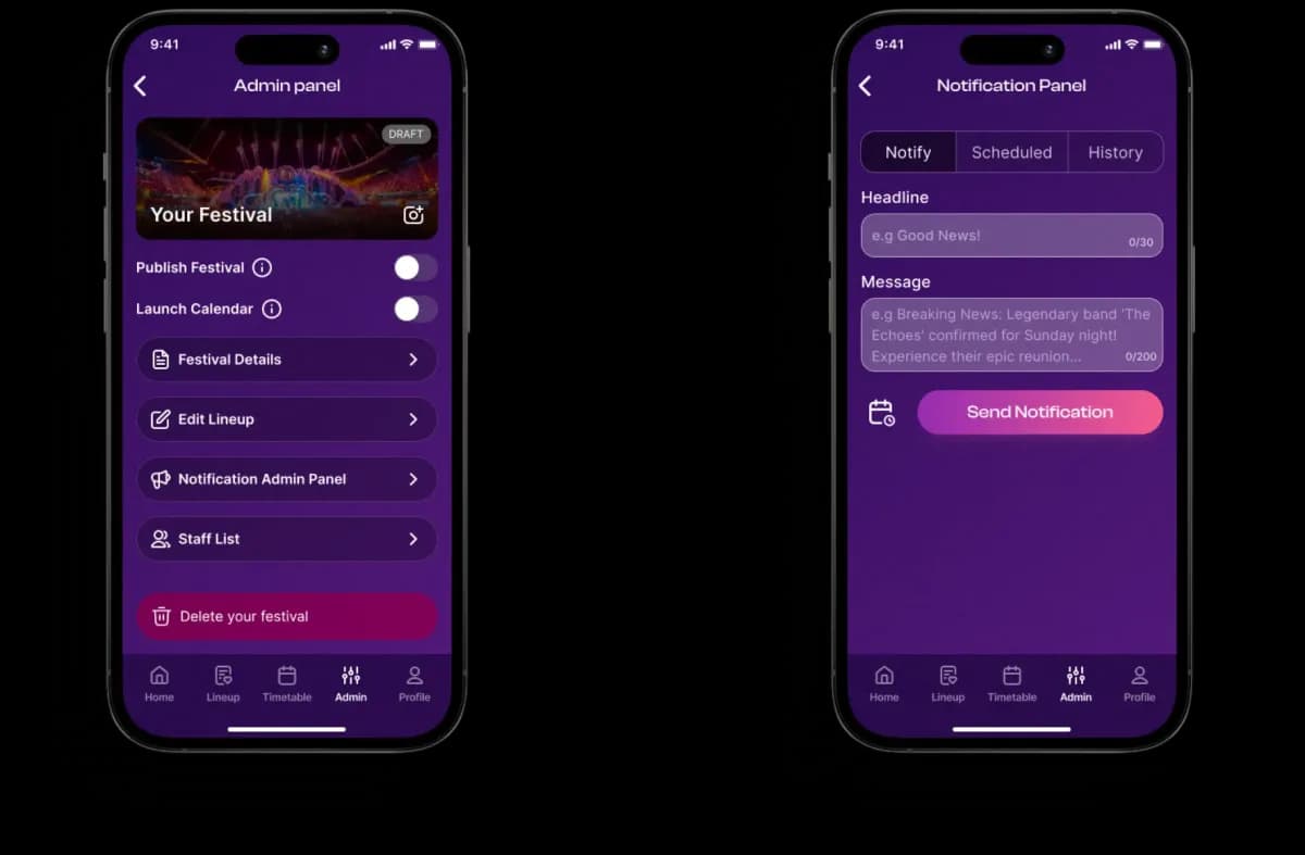 Festivawl mobile experience for festival-goers and organisers