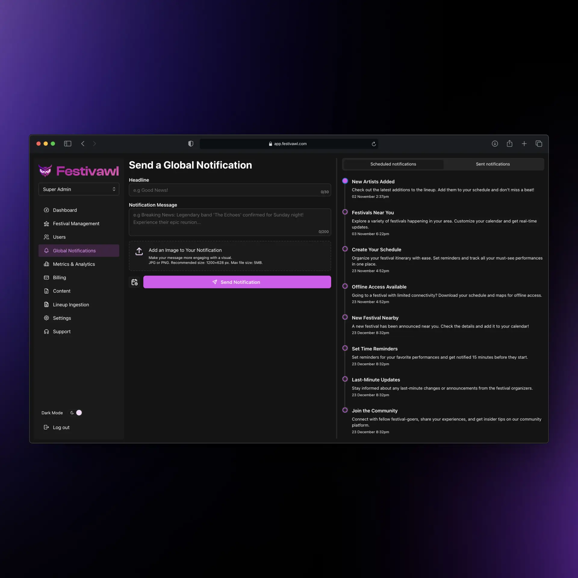 Festivawl web administration and notifications dashboard