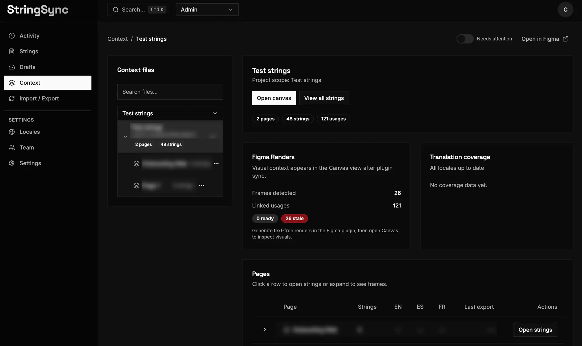 String Sync Context page showing linked Figma files, pages, render health, translation coverage, and canvas actions.