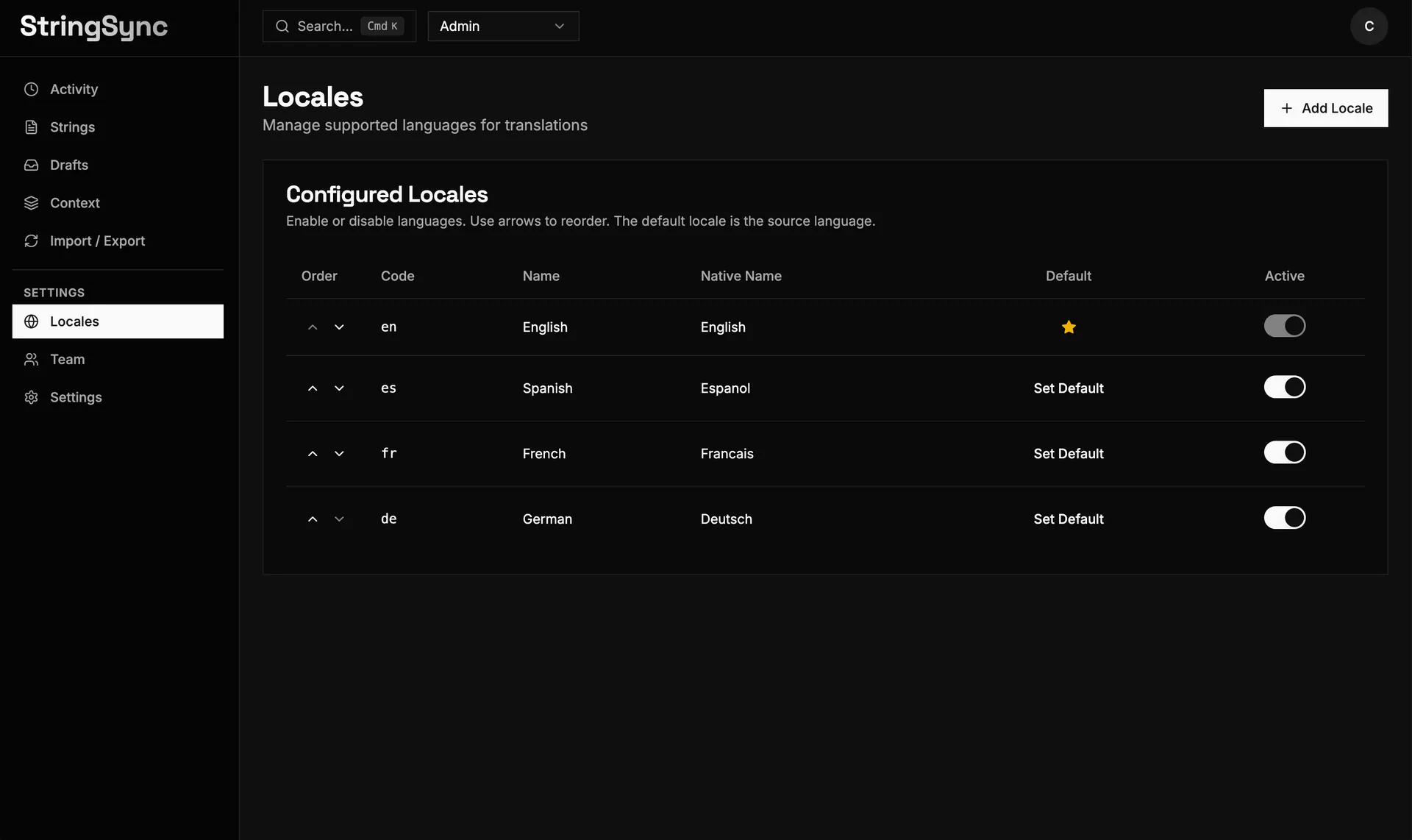 String Sync Locales page showing language order, source language, and active language controls.