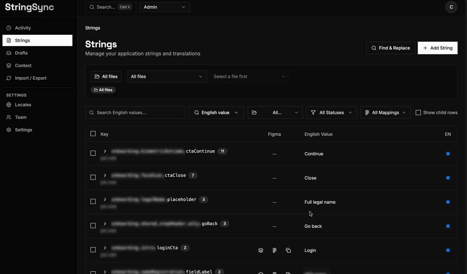 String Sync Strings table showing English values, mapping indicators, filters, and file controls.